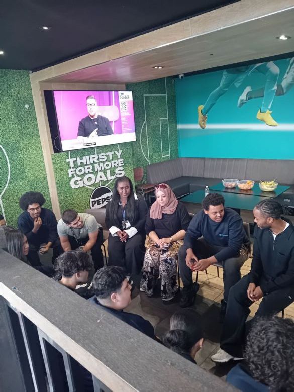 Raheem Stirling meeting Roundwood pupils at Goals Wembley